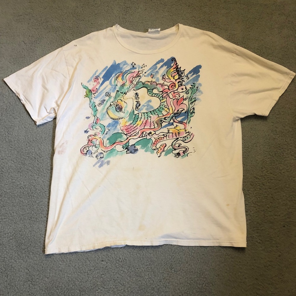 Vtg 90s Hanes Watercolor Dragon Glitter Graphic T-Shirt White XXL XL